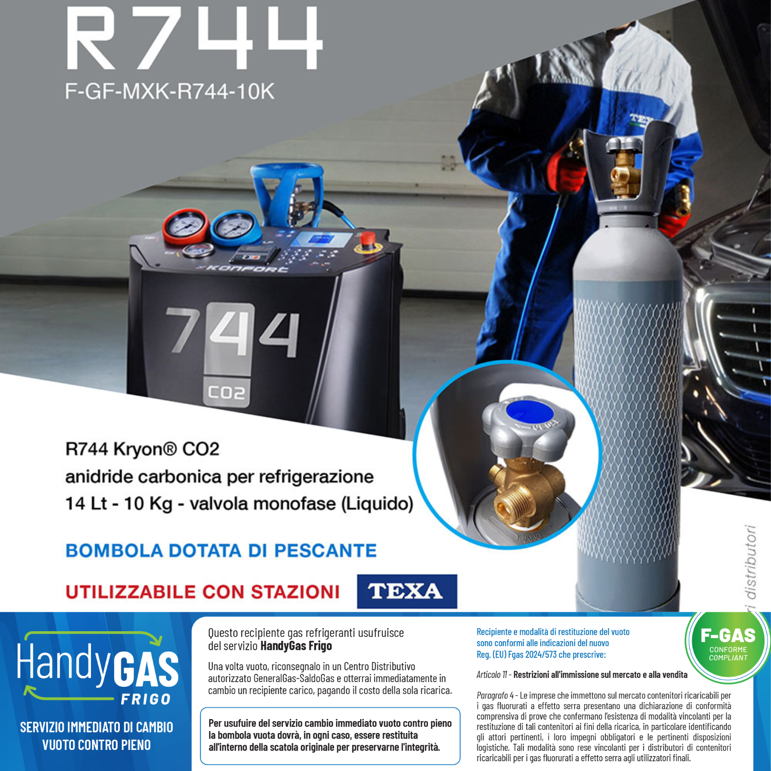 R744 Kryon® Condizionamento Auto (CO2 anidride carbonica refrigerazione per stazioni di carica Texa) - 14 Lt - 10 Kg - con tubo pescante e valvola monofase (liquido)