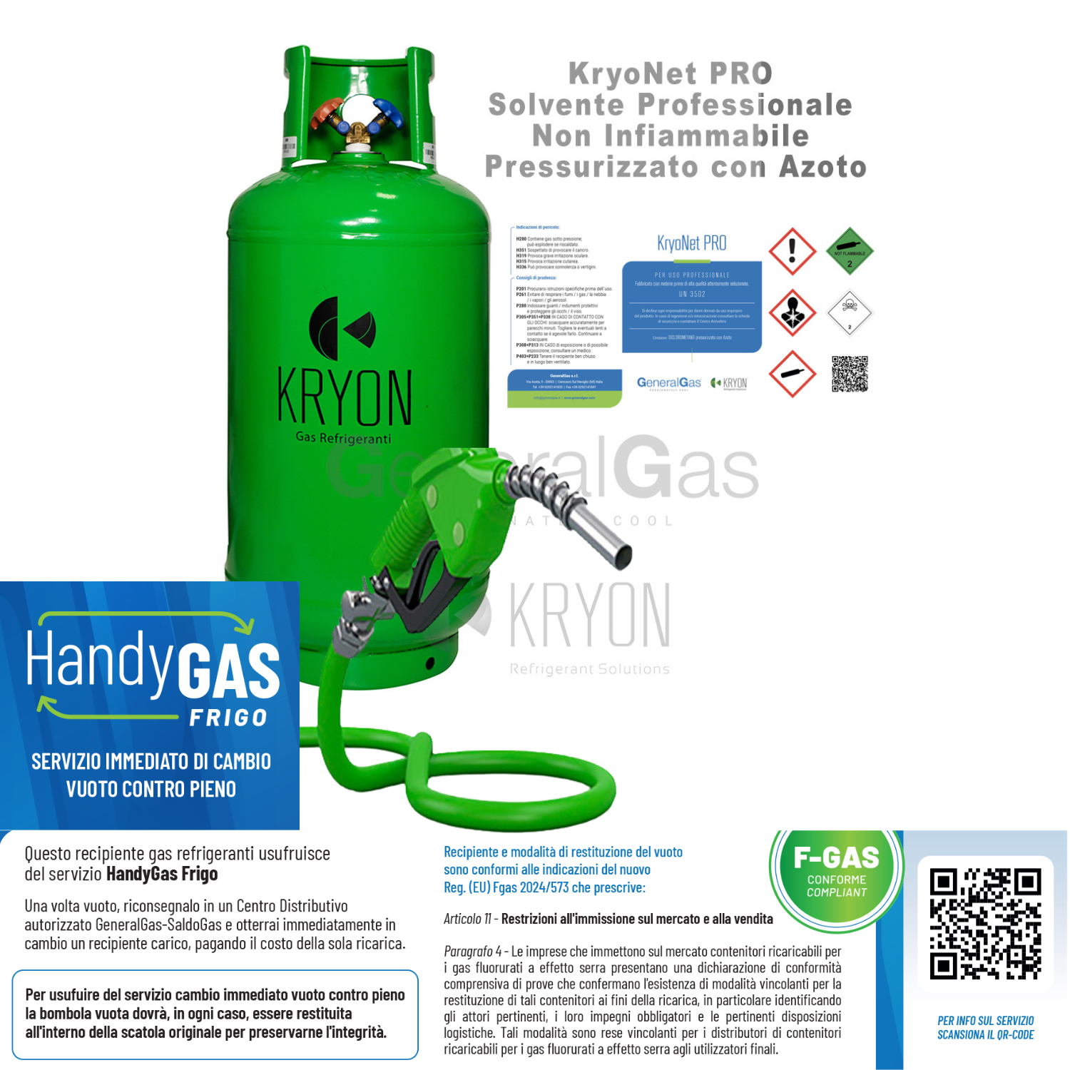 Ricarica KryoNet Pro (servizio HandyGas con scambio immediato vuoto contro pieno) - solvente uso professionale, non infiammabile, per impianti A/C e refrigerazione, pressurizzato con azoto, in Bombola da 40 lt/30 kg