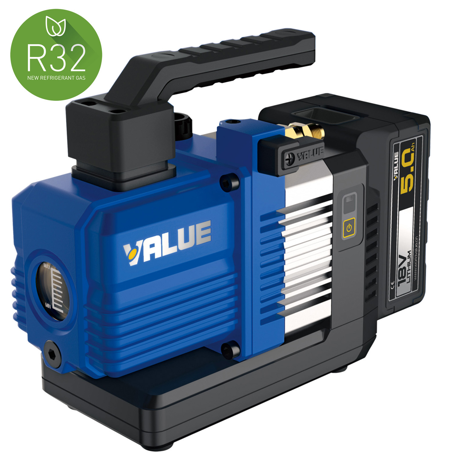 VALUE Pompa vuoto VRP-2DLi due stadi a batteria (1 batteria inclusa) portata 57 litri/minuto, adatta anche per R32 e refrigeranti A2L