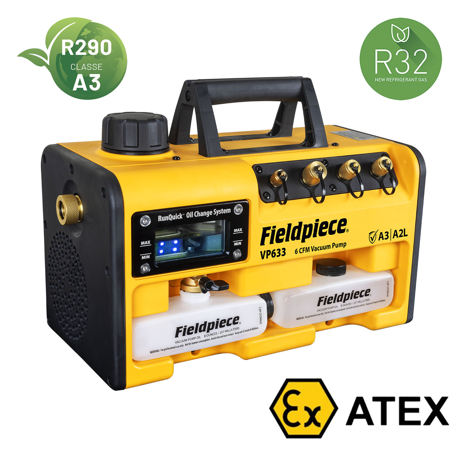 Fieldpiece USA - VP633 - pompa per vuoto ATEX adatta per refrigeranti A3-A2L-A1 - portata 170 litri/minuto (10,2 mc/ora), alta qualità, elevate prestazioni - grado di vuoto 2 x10(-2) mbar - 0,02 mbar/2 Pa/15 micron