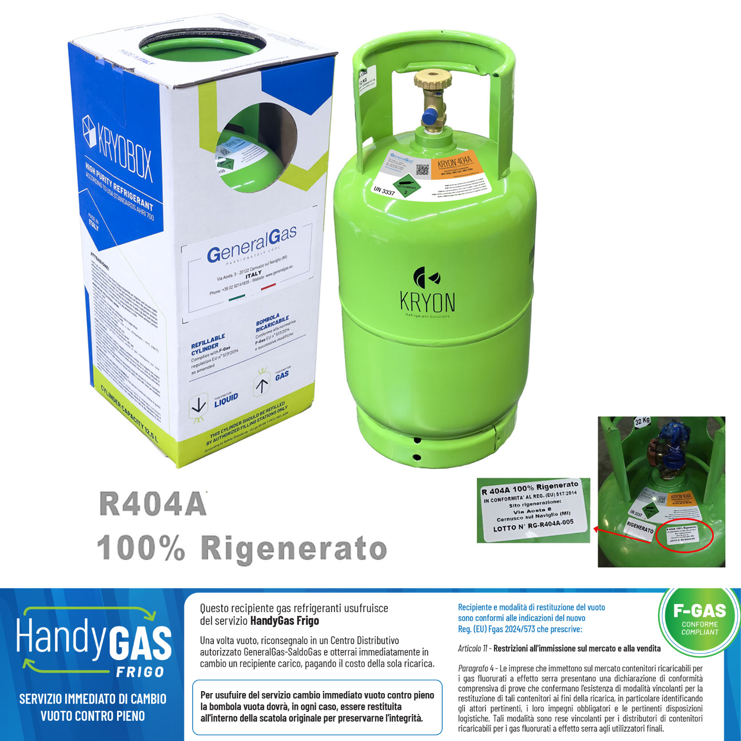 R404A 100% Rigenerato (conforme std. qualitativo AHRI-700) in Bombola Kryobox 12,5 litri / 10 Kg / 48 bar