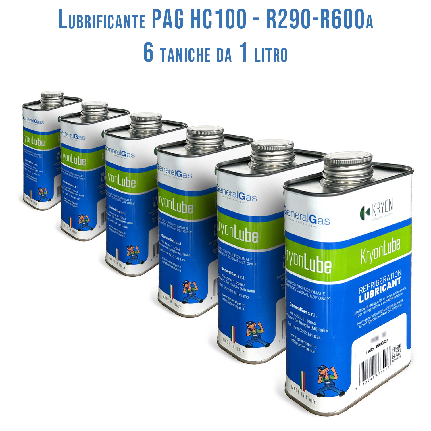 Lubrificante KryonLube HC PAG 100 - R290 e R600a - Confezione n° 6 taniche in metallo da 1 lt.