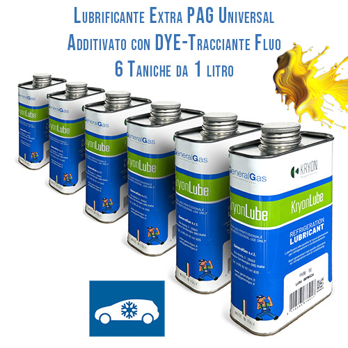 Lubrificante AUTO KryonLube EXTRA Universal PAG per R134a e R12434yf, additivato con tracciante fluorescente (dye) - 6 taniche in metallo da 1 litro