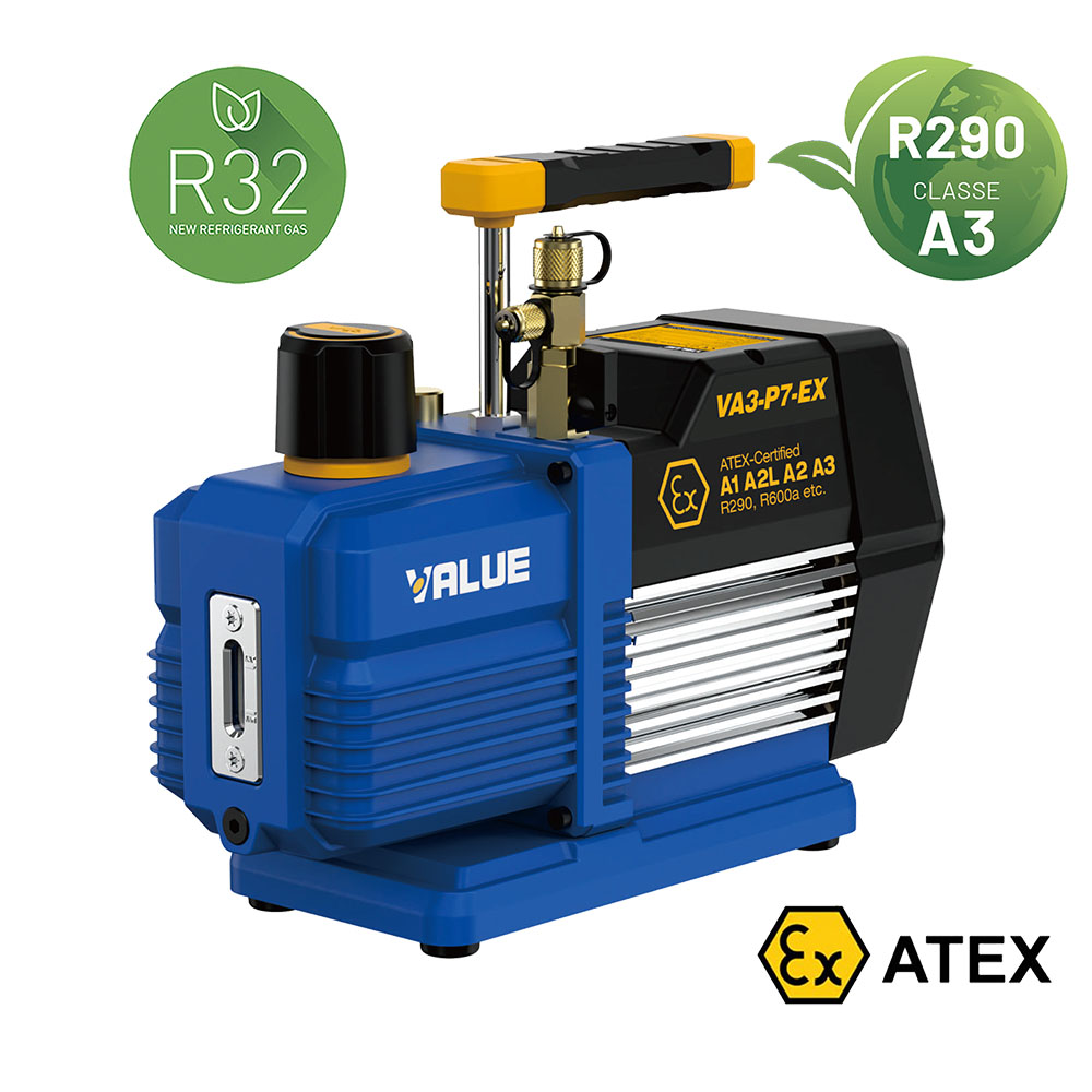 VALUE VA3-P7-EX pompa vuoto ATEX portata 198 litri/minuto, vuoto 15 micron, adatta per refrigeranti A3 (propano R290 e isobutano R600a), A2, A2L e A1 - doppio stadio, motore 3/4 HP - grado di vuoto 2 x10(-2) mbar - 0,02 mbar/2 Pa/15 micron - con valvola di non ritorno