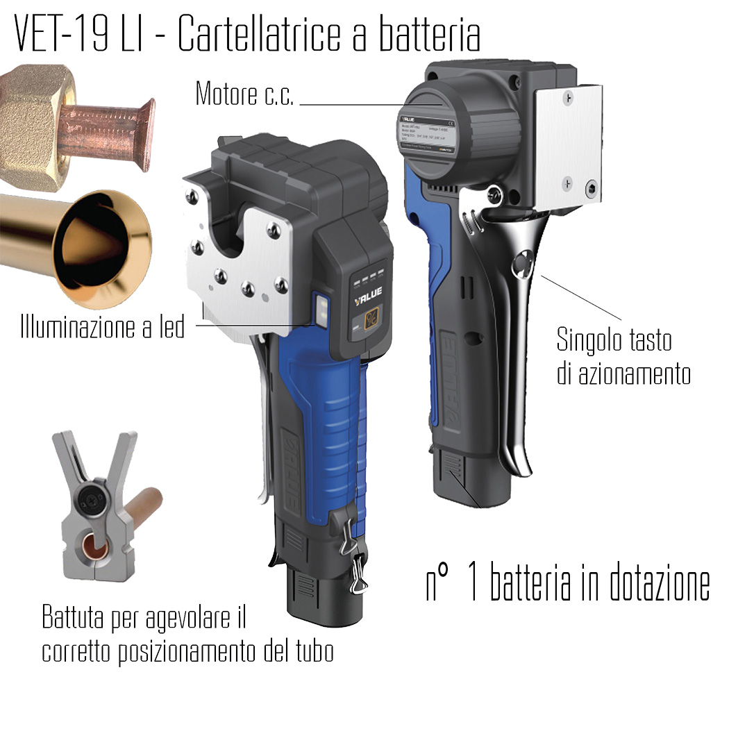 VALUE Cartellatrice (flangiatubo) con una batteria al litio VET-19LI per tubazioni dia. 1/4, 3/8, 1/2, 5/8 e 3/4 di pollice (dime per tubi in mm. disponibili separatamente)