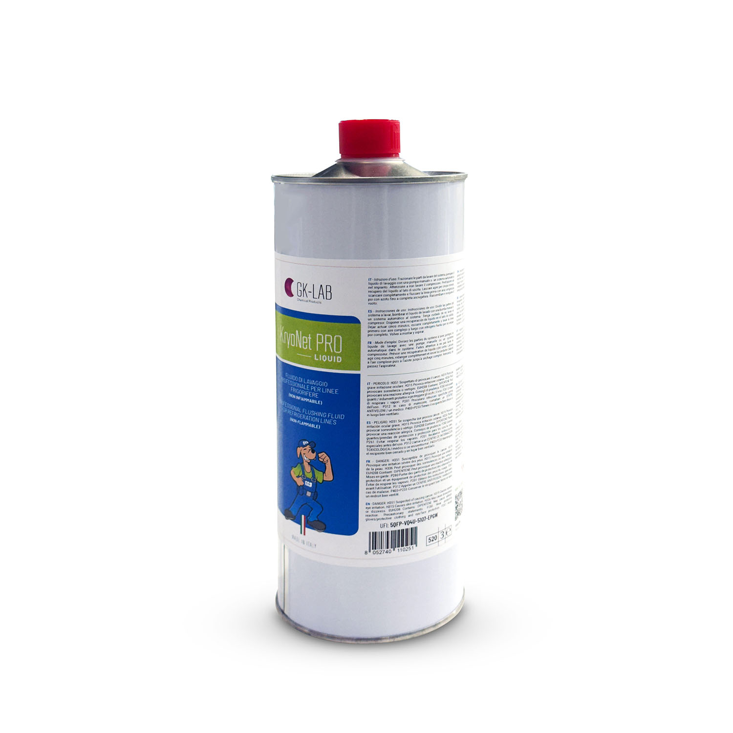 GK-Lab - KryoNet PRO Solvente Uso Professionale a Elevato Livello di Evaporazione, Non Infiammabile, per Impianti A/C e Refrigerazione - Tanica di metallo da 1 litro - 1,3 kg