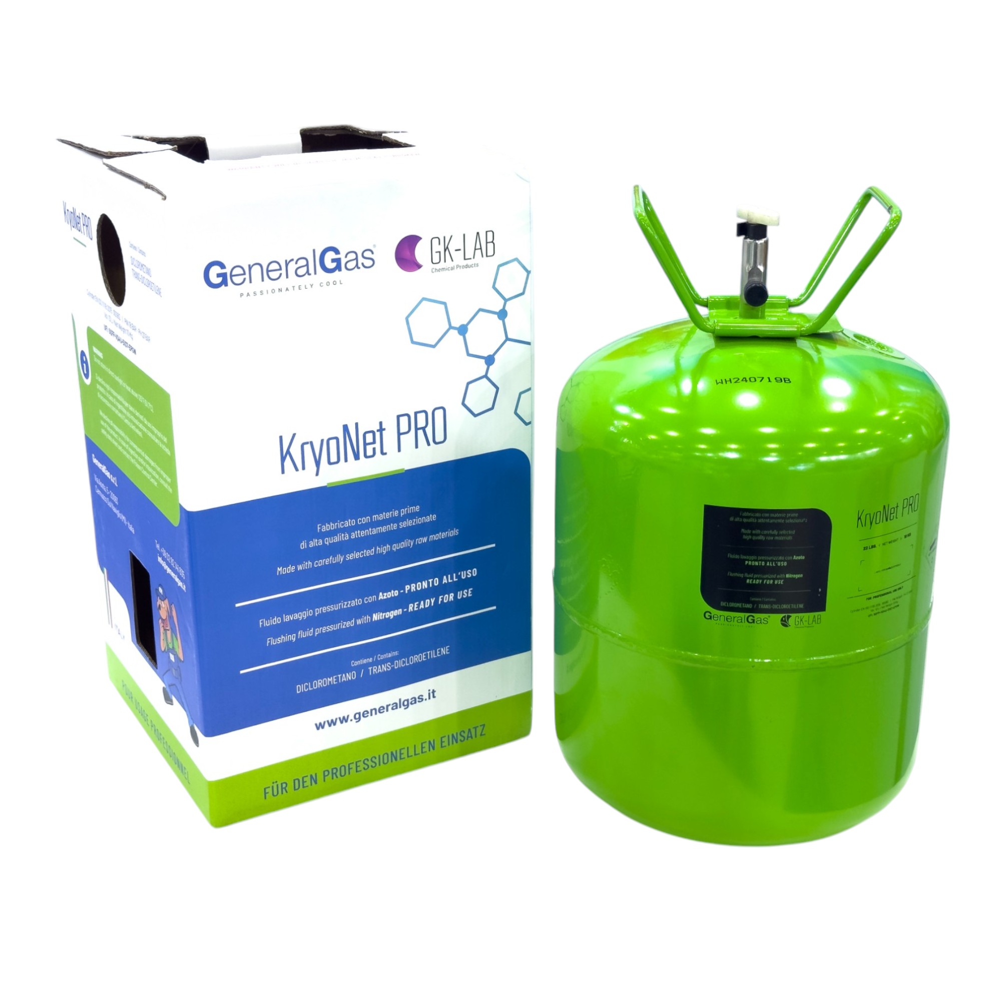 GK-Lab KryoNet PRO Solvente Pressurizzato con Azoto, Uso Professionale a Elevato Livello di Evaporazione, Non Infiammabile, per Impianti A/C e Refrigerazione - contenitore pressurizzato monouso 13,6 litri/10 Kg confezionato in scatola di cartone