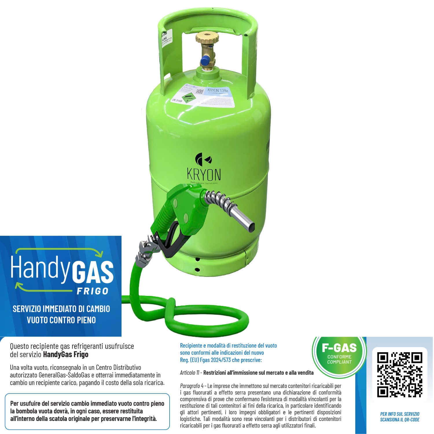 Ricarica HandyGas Frigo (scambio immediato vuoto contro pieno) Kryon® 134a in bombola KryoBox 12,5lt/48 bar (12 kg di R134a) 